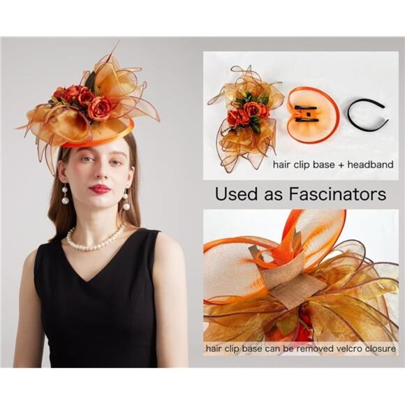 Women Organza Church Tea Party Hats Floral Orange main image 4